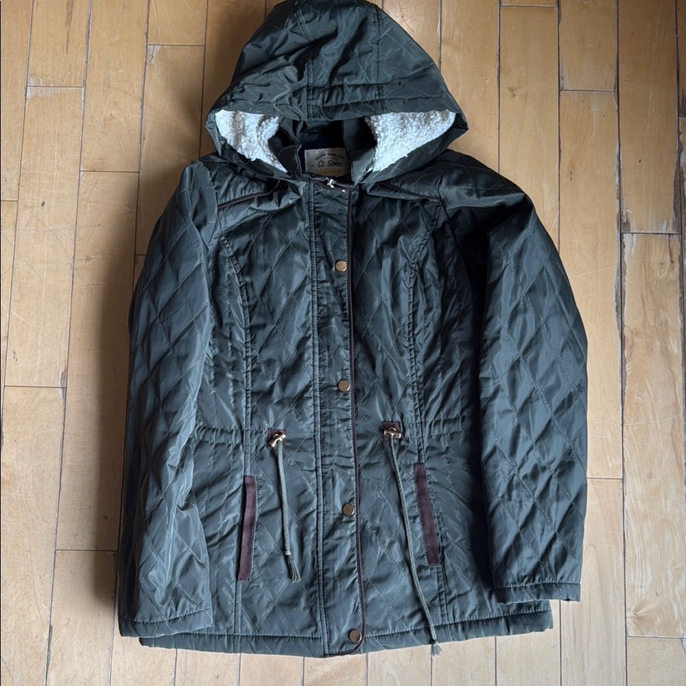Women's Quilted Hooded Jacket - Dark Green